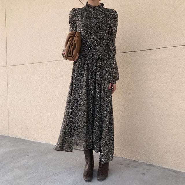 BGTEEVER Vintage Stand Collar Ruched Sleeve A-line Dress Women Floral Print Elastic Waist Female Dress Spring Vestidos femme 202