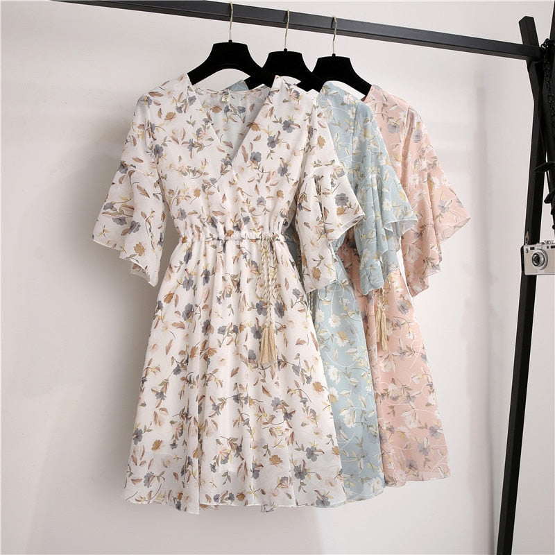 Spring Summer Chiffon Dress Women Knee Length V-Neck Print Dresses Sweet Ruffle Sleeeve Slim New Casual Drawstring Women Dress