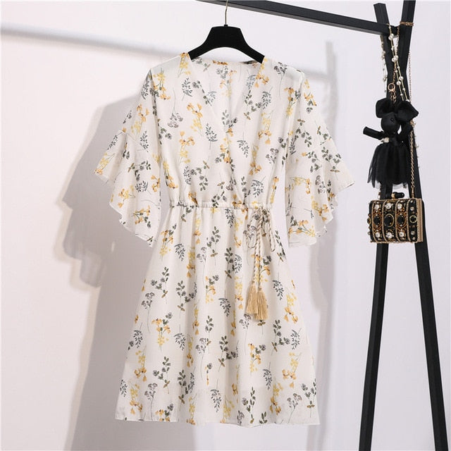 Spring Summer Chiffon Dress Women Knee Length V-Neck Print Dresses Sweet Ruffle Sleeeve Slim New Casual Drawstring Women Dress