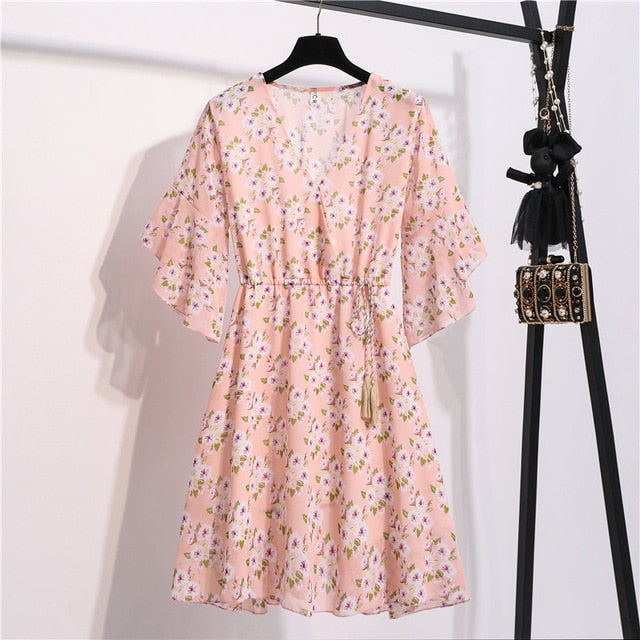 Spring Summer Chiffon Dress Women Knee Length V-Neck Print Dresses Sweet Ruffle Sleeeve Slim New Casual Drawstring Women Dress
