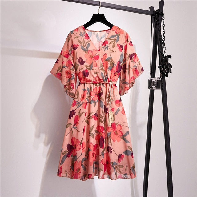 Spring Summer Chiffon Dress Women Knee Length V-Neck Print Dresses Sweet Ruffle Sleeeve Slim New Casual Drawstring Women Dress
