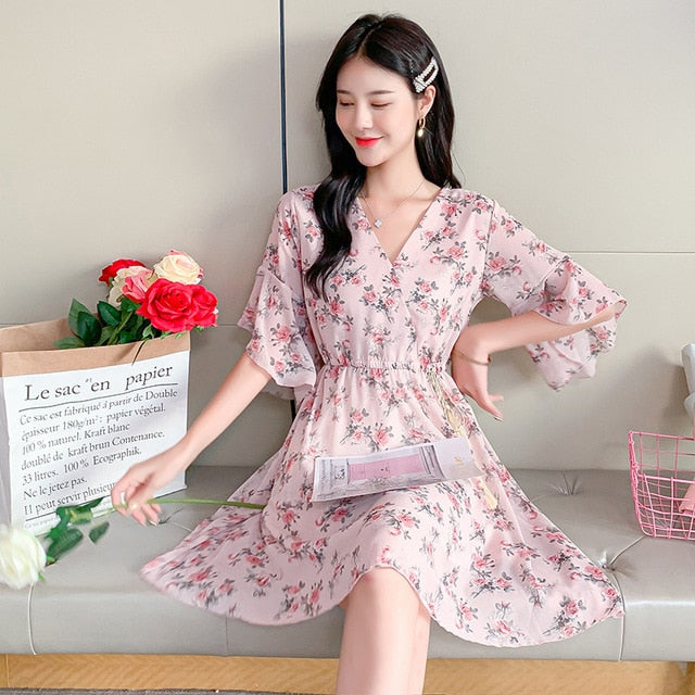 Spring Summer Chiffon Dress Women Knee Length V-Neck Print Dresses Sweet Ruffle Sleeeve Slim New Casual Drawstring Women Dress
