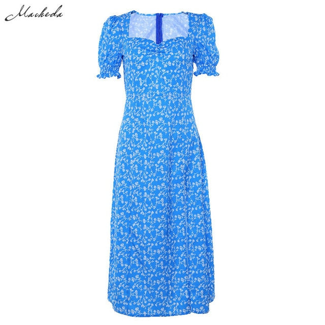 Macheda French Romance Retro Dresses Women Casual Floral Print Square Collar Dresses Ruffles Puff Sleeve Midi Dresses Lady 2019