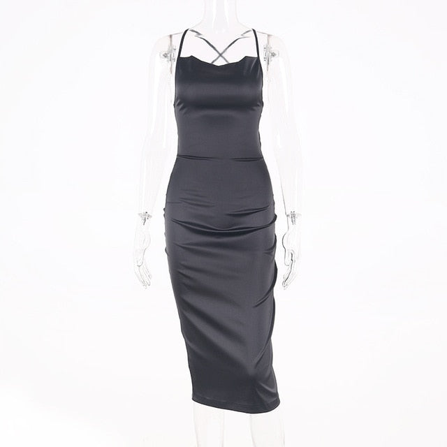 Dulzura neon satin lace up 2020 summer women bodycon long midi dress sleeveless backless elegant party outfits sexy club clothes