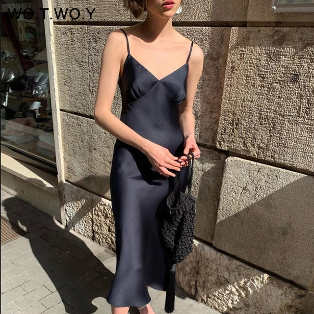 WOTWOY Sexy V-neck Sleeveless Dresses Women Spaghetti Strap Mid-Calf Sheath Party Dresses Femme Clothes Women Summer 2020 New