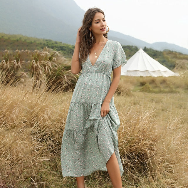 2020 Summer Beach Holiday Dress Women Casual Floral Print Elegant Boho Long Dress Ruffle Short-Sleeve V-neck Sexy Party Robe