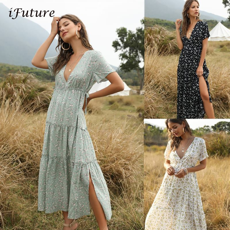 2020 Summer Beach Holiday Dress Women Casual Floral Print Elegant Boho Long Dress Ruffle Short-Sleeve V-neck Sexy Party Robe