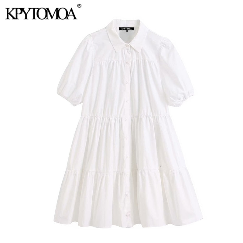 KPYTOMOA Women 2020 Sweet Fashion Ruffled White Mini Dress Vintage Lapel Collar Puff Sleeve Female Dresses Chic Vestidos Mujer