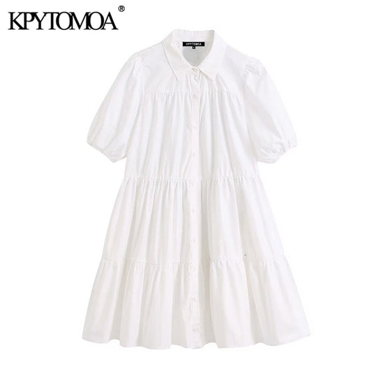 KPYTOMOA Women 2020 Sweet Fashion Ruffled White Mini Dress Vintage Lapel Collar Puff Sleeve Female Dresses Chic Vestidos Mujer