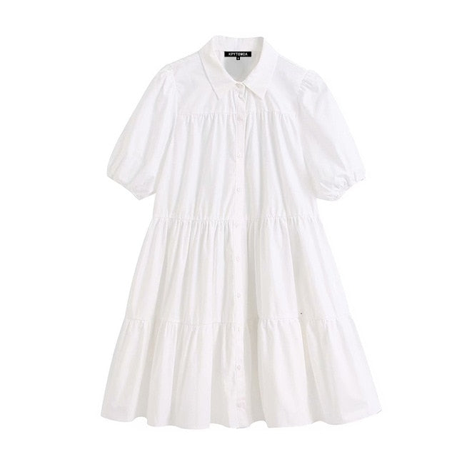 KPYTOMOA Women 2020 Sweet Fashion Ruffled White Mini Dress Vintage Lapel Collar Puff Sleeve Female Dresses Chic Vestidos Mujer