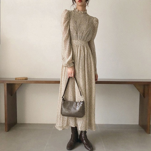 BGTEEVER Vintage Stand Collar Ruched Sleeve A-line Dress Women Floral Print Elastic Waist Female Dress Spring Vestidos femme 202