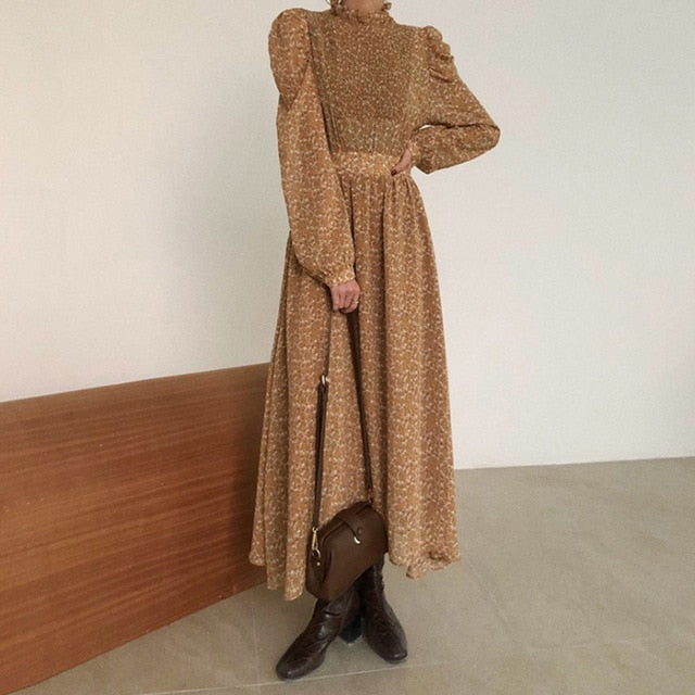 BGTEEVER Vintage Stand Collar Ruched Sleeve A-line Dress Women Floral Print Elastic Waist Female Dress Spring Vestidos femme 202