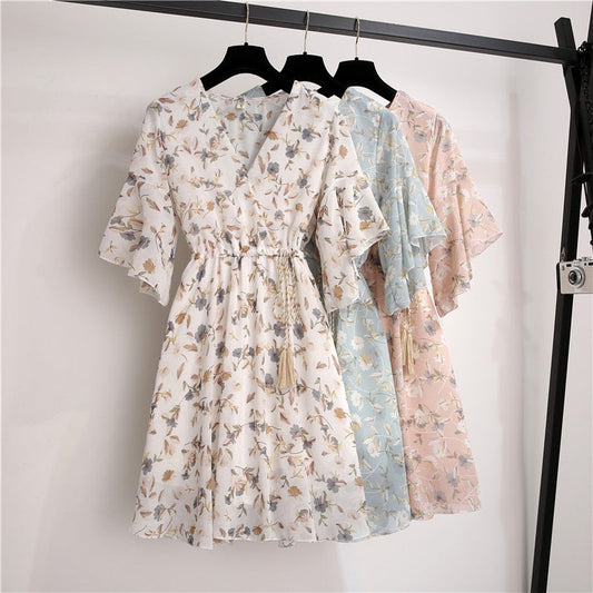 Spring Summer Chiffon Dress Women Knee Length V-Neck Print Dresses Sweet Ruffle Sleeeve Slim New Casual Drawstring Women Dress