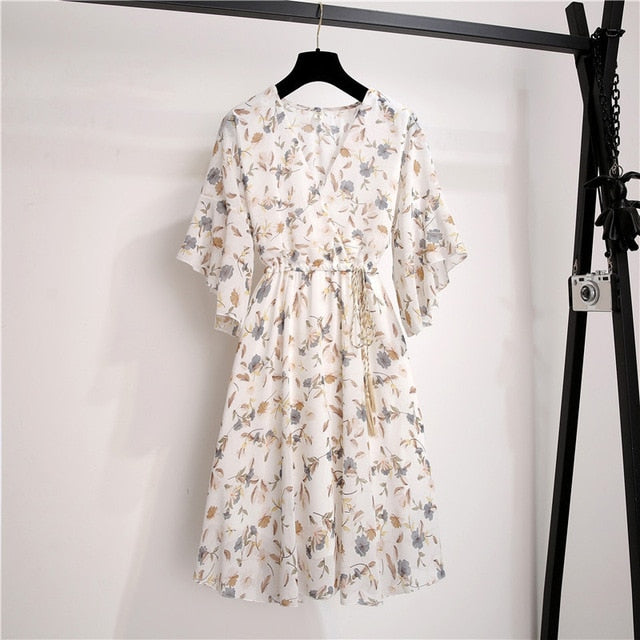 Spring Summer Chiffon Dress Women Knee Length V-Neck Print Dresses Sweet Ruffle Sleeeve Slim New Casual Drawstring Women Dress