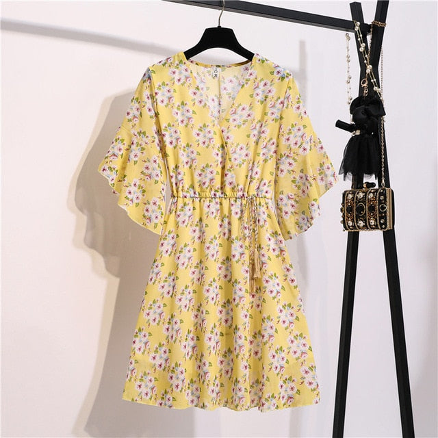 Spring Summer Chiffon Dress Women Knee Length V-Neck Print Dresses Sweet Ruffle Sleeeve Slim New Casual Drawstring Women Dress