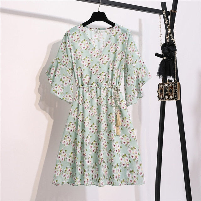 Spring Summer Chiffon Dress Women Knee Length V-Neck Print Dresses Sweet Ruffle Sleeeve Slim New Casual Drawstring Women Dress