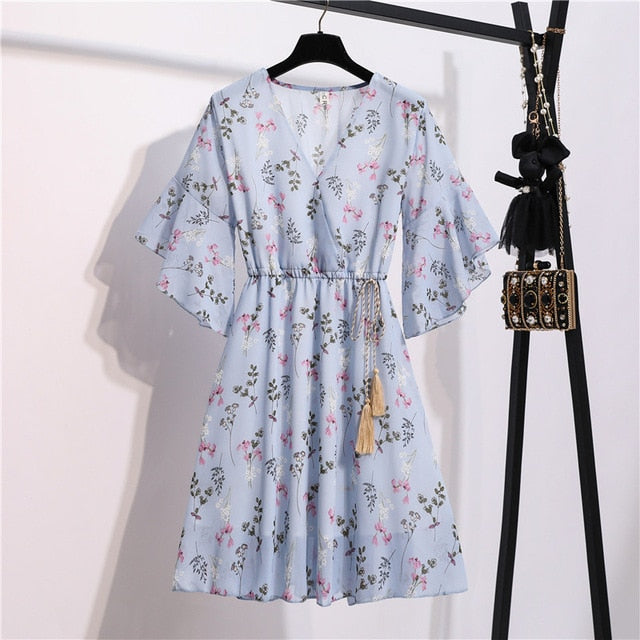 Spring Summer Chiffon Dress Women Knee Length V-Neck Print Dresses Sweet Ruffle Sleeeve Slim New Casual Drawstring Women Dress