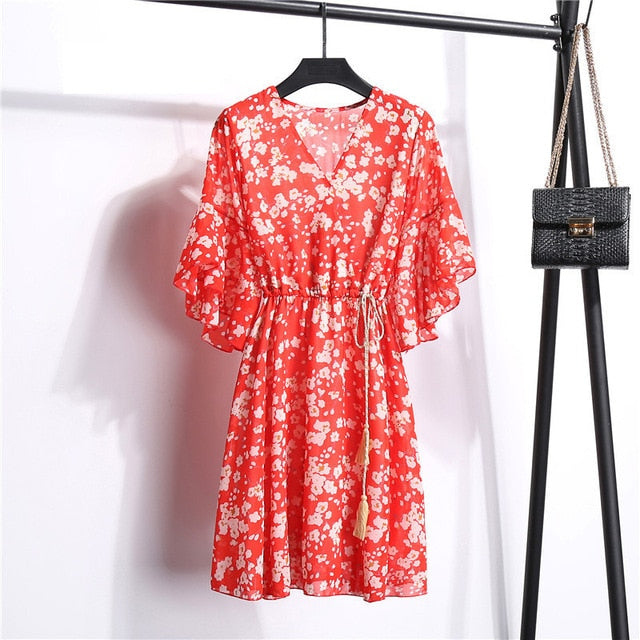 Spring Summer Chiffon Dress Women Knee Length V-Neck Print Dresses Sweet Ruffle Sleeeve Slim New Casual Drawstring Women Dress