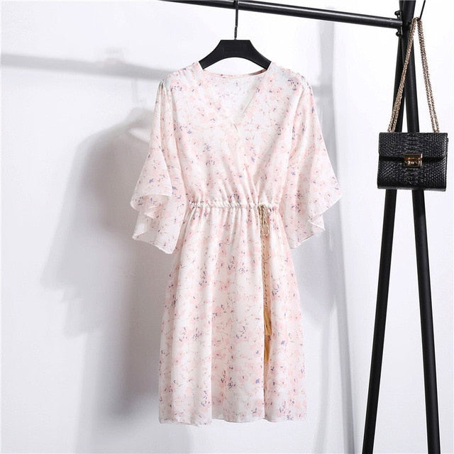 Spring Summer Chiffon Dress Women Knee Length V-Neck Print Dresses Sweet Ruffle Sleeeve Slim New Casual Drawstring Women Dress
