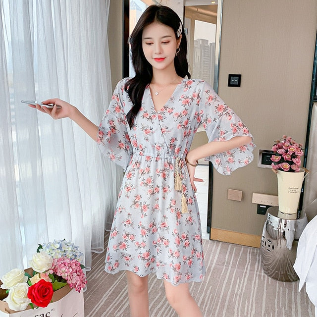 Spring Summer Chiffon Dress Women Knee Length V-Neck Print Dresses Sweet Ruffle Sleeeve Slim New Casual Drawstring Women Dress