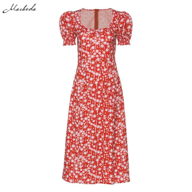 Macheda French Romance Retro Dresses Women Casual Floral Print Square Collar Dresses Ruffles Puff Sleeve Midi Dresses Lady 2019