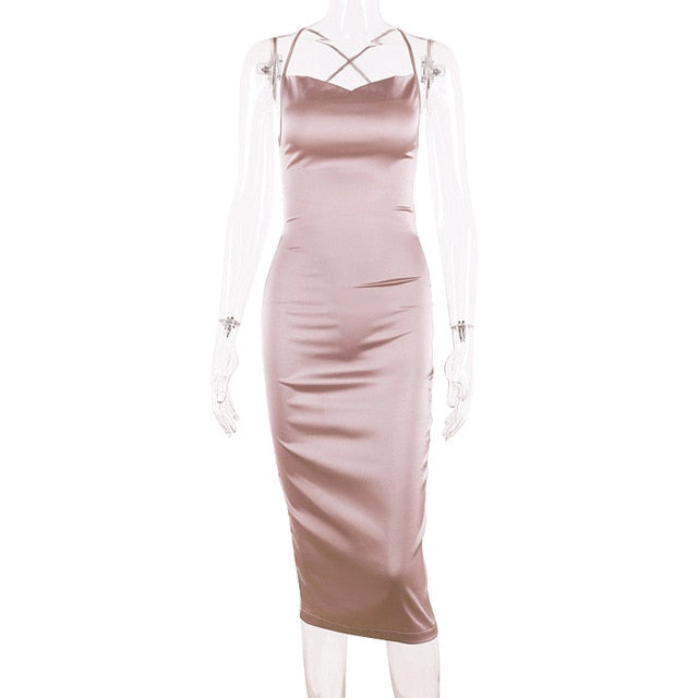 Dulzura neon satin lace up 2020 summer women bodycon long midi dress sleeveless backless elegant party outfits sexy club clothes