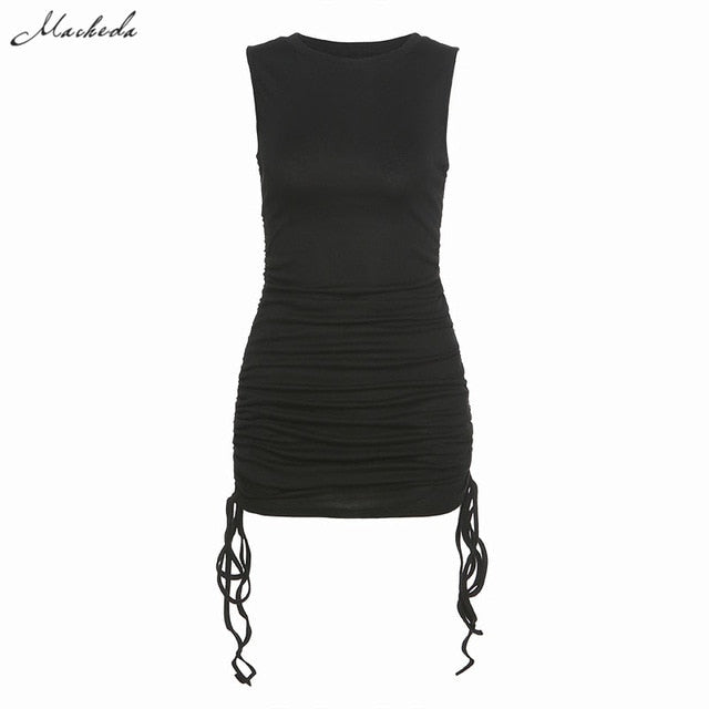 Macheda Summer Solid Casual Vacation Slim Dress Women knitting O Neck Sleeveless Fashion Skinny Lady Mini Wrap Dress 2020 New