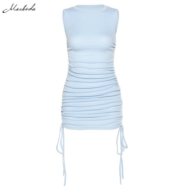 Macheda Summer Solid Casual Vacation Slim Dress Women knitting O Neck Sleeveless Fashion Skinny Lady Mini Wrap Dress 2020 New