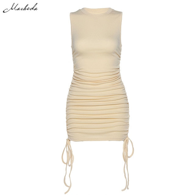 Macheda Summer Solid Casual Vacation Slim Dress Women knitting O Neck Sleeveless Fashion Skinny Lady Mini Wrap Dress 2020 New