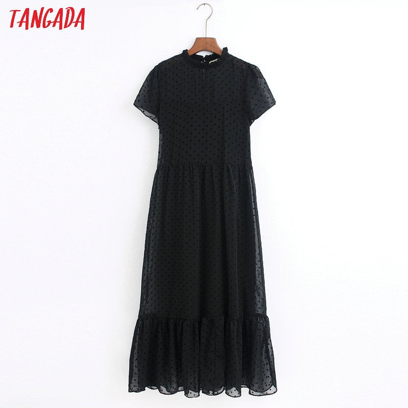 Tangada 2020 fashion women dots black dress ruffles collar short Sleeve Ladies elegant midi Dress Vestidos 6Z38