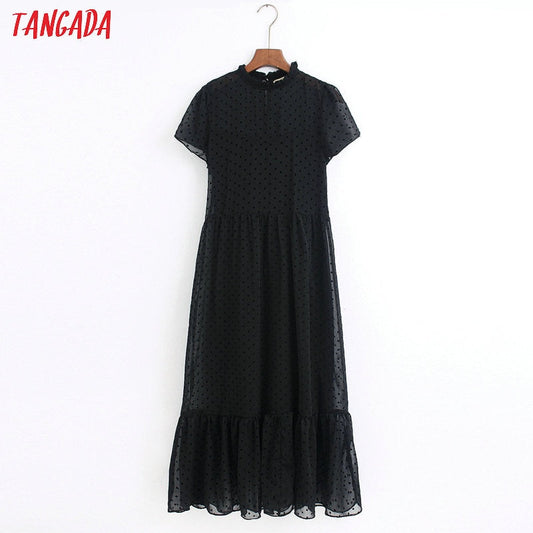 Tangada 2020 fashion women dots black dress ruffles collar short Sleeve Ladies elegant midi Dress Vestidos 6Z38