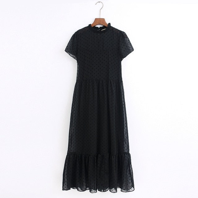 Tangada 2020 fashion women dots black dress ruffles collar short Sleeve Ladies elegant midi Dress Vestidos 6Z38