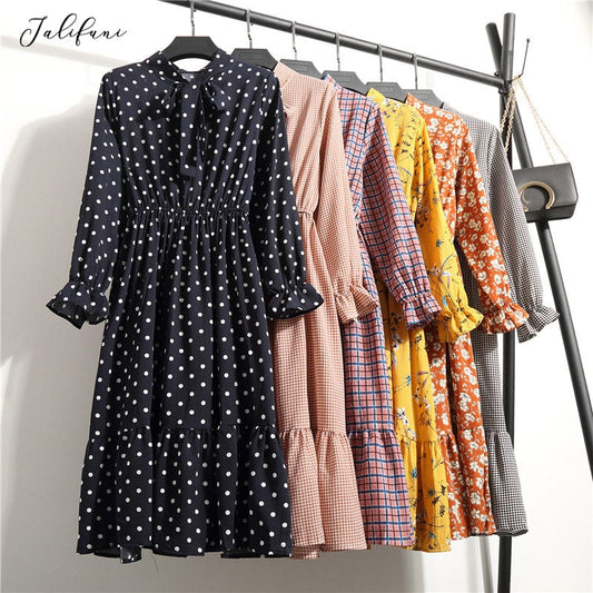 Women Casual Autumn Dress Lady Korean Style Vintage Floral Printed Chiffon Shirt Dress Long Sleeve Bow Midi Summer Dress Vestido