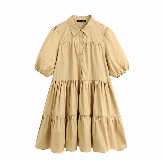 KPYTOMOA Women 2020 Sweet Fashion Ruffled White Mini Dress Vintage Lapel Collar Puff Sleeve Female Dresses Chic Vestidos Mujer