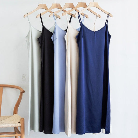 High Quality Women's Dress Summer Spaghetti Satin Long Dress Very Soft Smooth Plus Size S-4XL M30262
