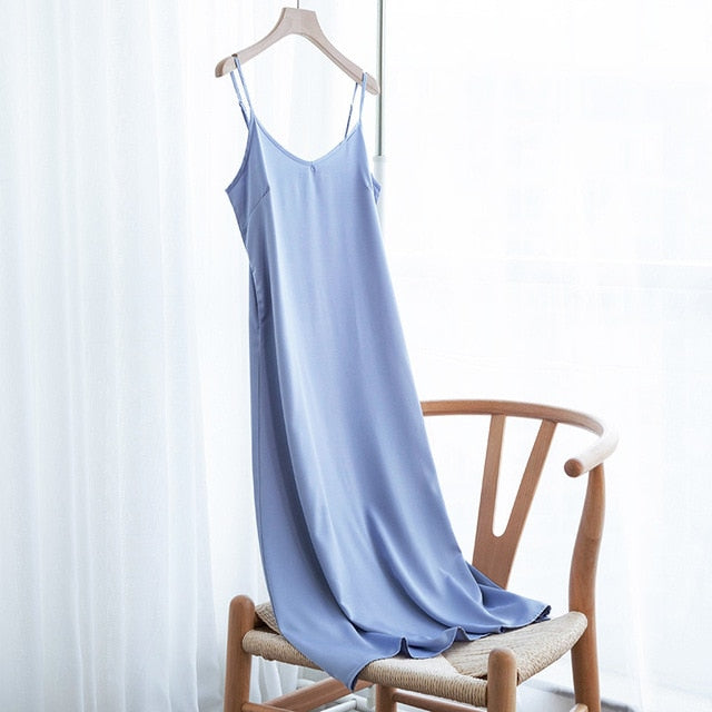 High Quality Women's Dress Summer Spaghetti Satin Long Dress Very Soft Smooth Plus Size S-4XL M30262