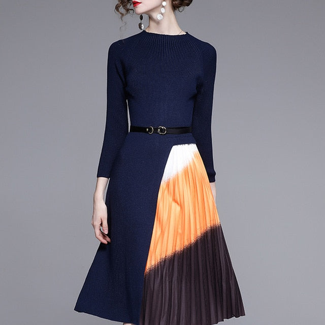 Autumn Winter Elegant Knitted Patchwork Gradient Pink Pleated Dress Women Long Sleeve Office One-Piece Sweater Dress With Belt