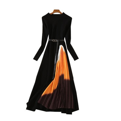 Autumn Winter Elegant Knitted Patchwork Gradient Pink Pleated Dress Women Long Sleeve Office One-Piece Sweater Dress With Belt
