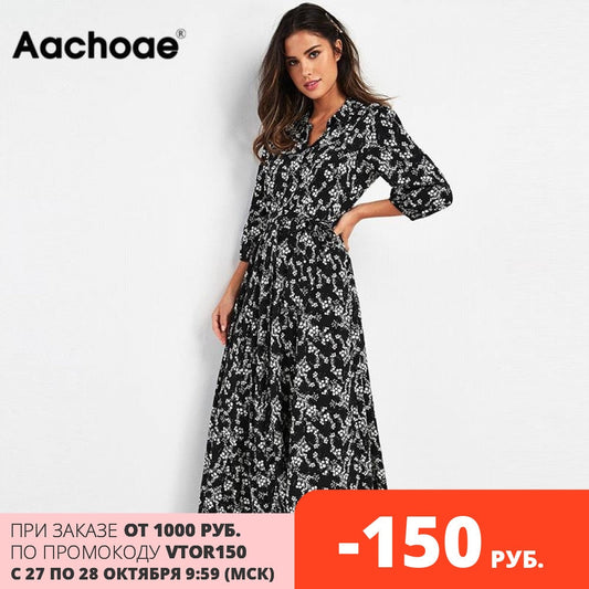 Aachoae Vintage Floral Print Maxi Dress Women Boho Three Quarter Sleeve Long Dress Turn Down Collar Casual Shirt Dresses Robe